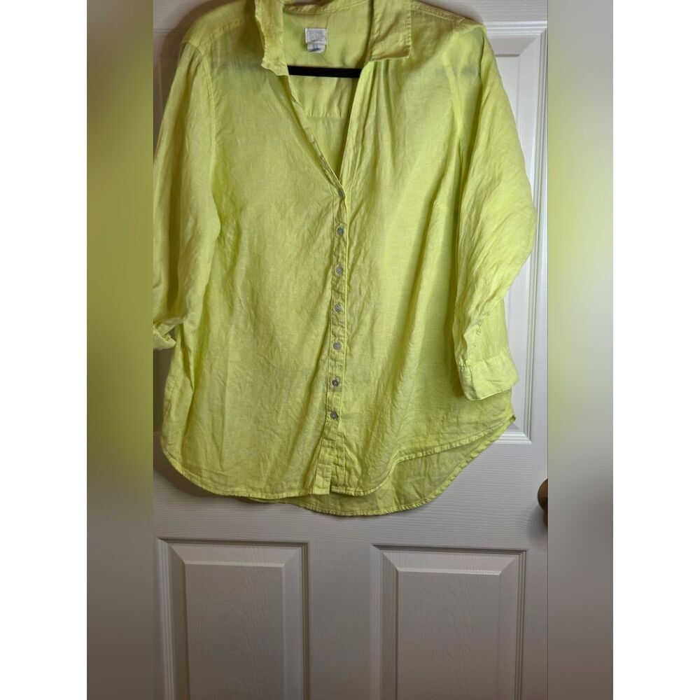 Sigrid Olsen 1X Yellow Lime 100% LINEN Roll-Up Sleeves  Buttons Down Women Shirt
